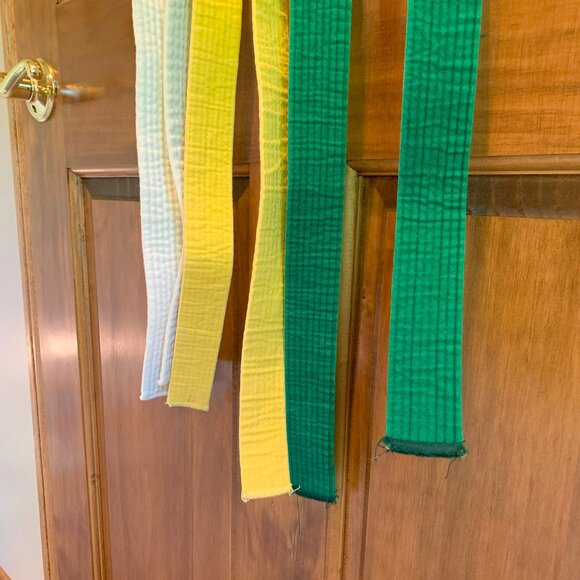 LOT OF 3 KARATE BELTS, WHITE, YELLOW, GREEN, ADULT, APPROX. 92" LONG - Picture 3 of 3